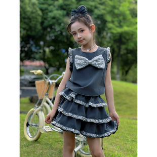 女童套装2026夏季新款儿童学院风无袖上衣蛋糕裙蝴蝶结韩版两件套