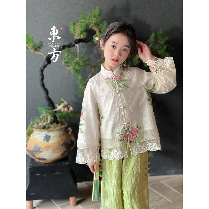 女童汉服套装2025春季新款儿童古风改良上衣裤子国风演出服两件套