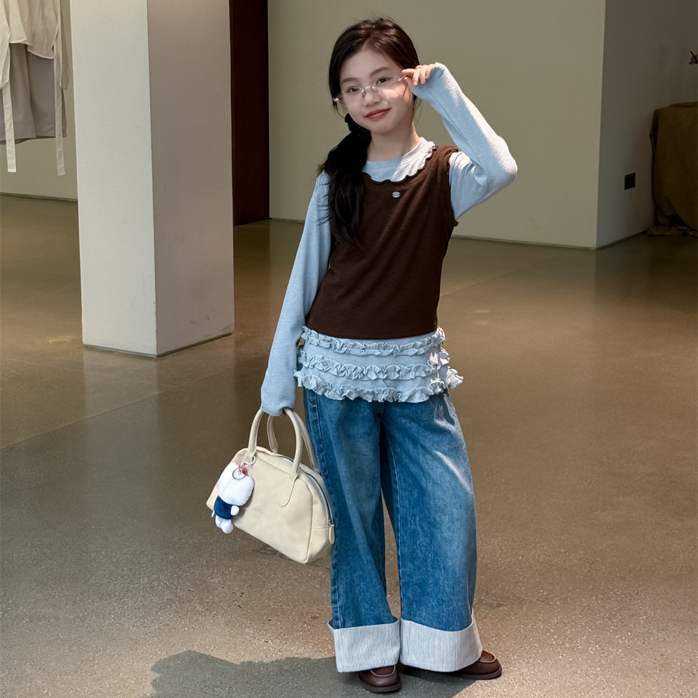 女童牛仔裤2025秋季新款韩版拼接直筒休闲牛仔长裤中大童百搭潮童