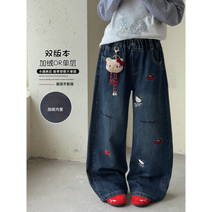 女童牛仔裤2026春季新款儿童卡通加绒裤子中大童休闲直筒裤长裤潮