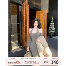 长袖 新款 内搭长裙包臀裙子 挂脖针织连衣裙女2025冬季 灰尘邓邓