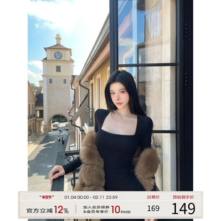 灰尘邓邓 黑色长袖连衣裙女2025秋冬新款包臀裙性感长裙方领裙子