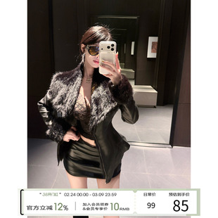 灰尘邓邓 毛领皮衣外套女高级感2025冬季黑色短款收腰加厚皮夹克