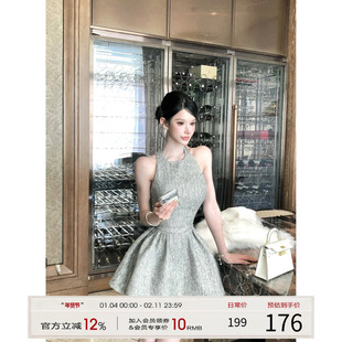 灰尘邓邓 法式挂脖连衣裙女2025冬季新款无袖a字短裙气质露背裙子