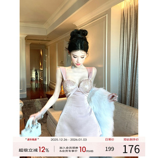 新款 吊带连衣裙女2025冬季 拼接抹胸a字裙生日裙子 法式 灰尘邓邓