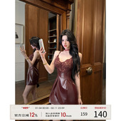 灰尘邓邓 现货 蕾丝拼接吊带连衣裙女秋冬抹胸皮裙辣妹a字裙子