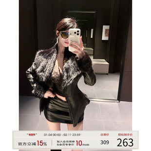 灰尘邓邓 毛领皮衣外套女高级感2025冬季黑色短款收腰加厚皮夹克
