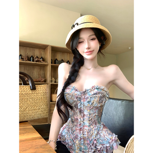 灰尘邓邓 碎花抹胸上衣女2026早春新款雪纺鱼骨胸衣性感无袖背心