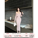 收腰长裙包臀裙长袖 法式 裙子 V领针织连衣裙女2025冬季 灰尘邓邓