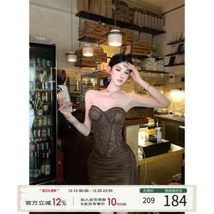 蕾丝连衣裙女秋季 法式 灰尘邓邓 抹胸包臀裙约会拼接裙子 现货