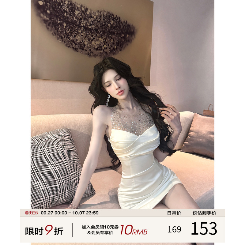 灰尘邓邓 法式无袖连衣裙女2025秋季网纱拼接包臀裙性感名媛裙子