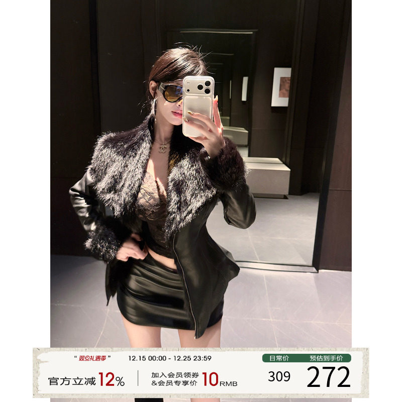 灰尘邓邓 毛领皮衣外套女高级感2025冬季黑色短款收腰加厚皮夹克