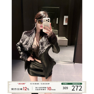收腰加厚皮夹克 黑色短款 灰尘邓邓 毛领皮衣外套女高级感2025冬季