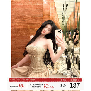 拼接缎面长裙法式 新款 裙子 小香风抹胸连衣裙女2025秋季 灰尘邓邓