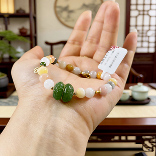 天然猫眼兔毛手串 18K金配饰 碧玉莲花珠 新中式国风手链