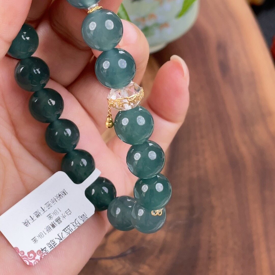 危地马拉蓝水冰种起胶翡翠圆珠手串搭配18K金配饰国风女士手链