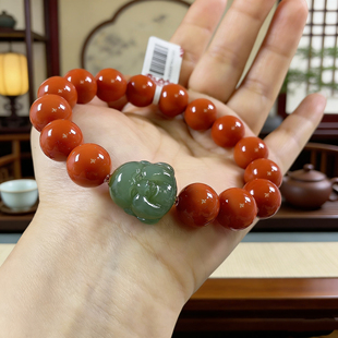 毕业级满色满肉南红手串 18K金碧玉佛头国风本命年手链新中式手串