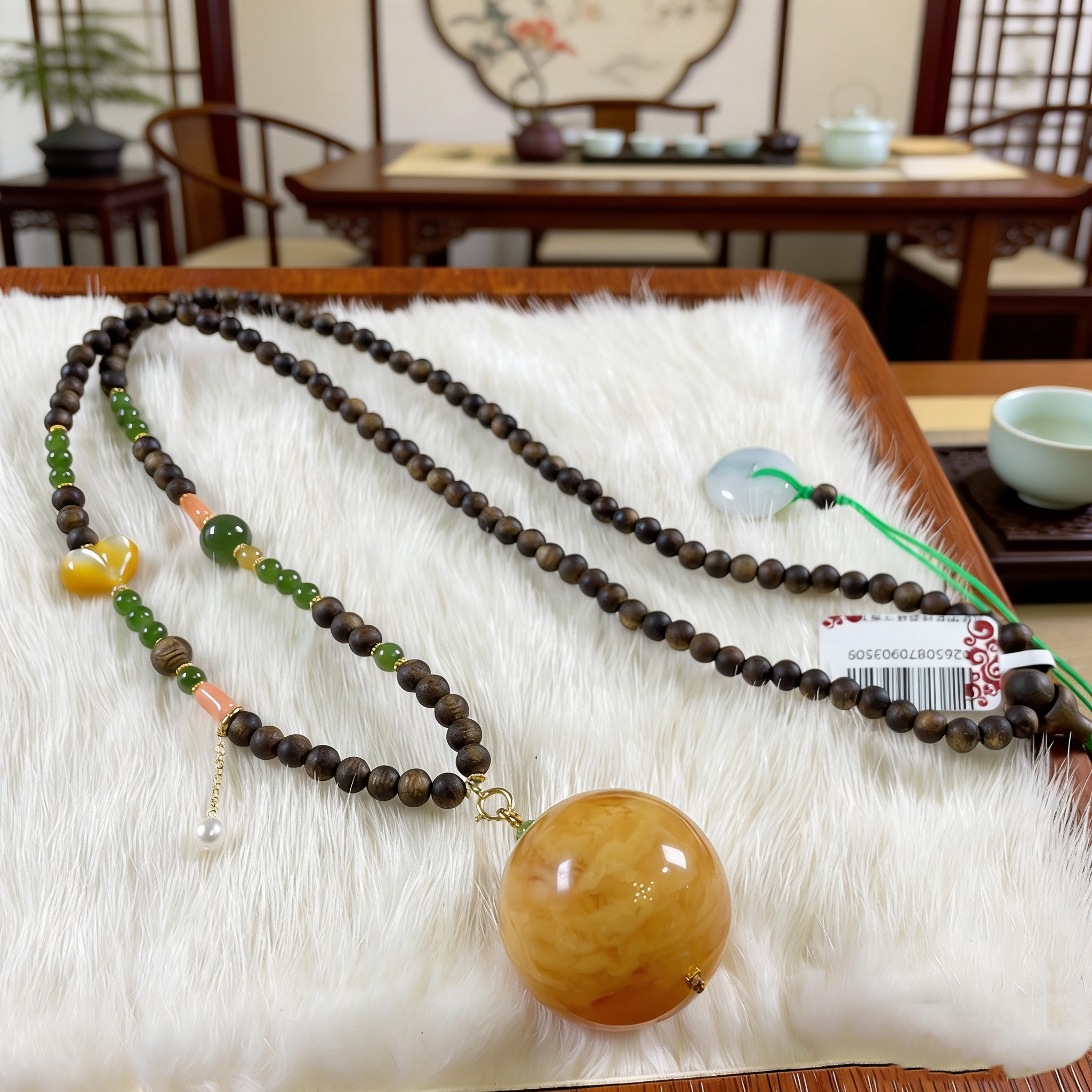 天然沉香多宝项链 搭配大颗蜜蜡圆珠新中式国风长款毛衣链