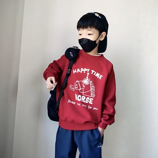 男童卫衣冬装新款潮洋气大童中小童宝宝加绒红色圣诞年服外套上衣