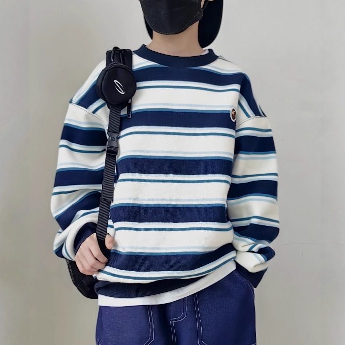 男女童卫衣25冬装新款潮洋气大童中小童宝宝加绒加厚条纹外套上衣