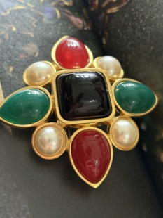 vintage中古Joan rivers彩色果冻琉璃十字架胸针