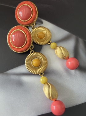 vintage中古无标布艺橙色夸张扫肩耳夹