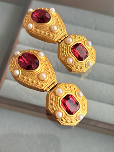 vintage中古Joan rivers红色水钻珍珠华丽耳夹