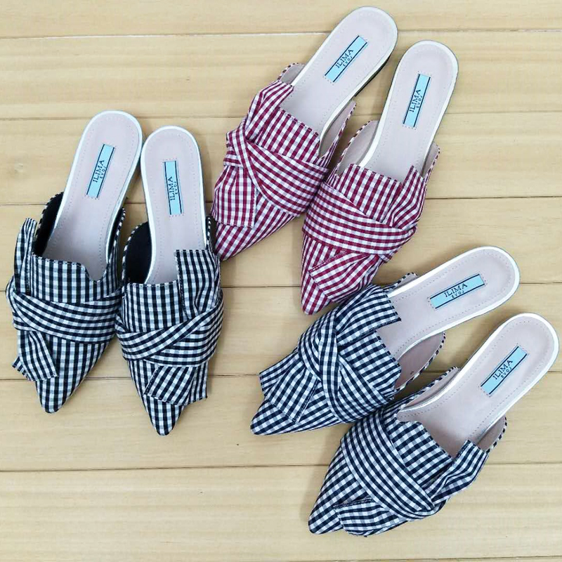 日本订单夏新款包头格子半拖鞋