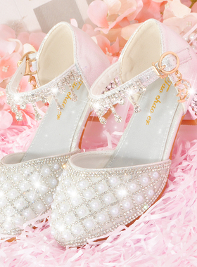 儿童小皮鞋7女高跟鞋9大童钢琴演出高端礼服鞋34码闪钻公主鞋