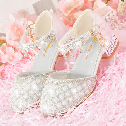 闪亮亮公主鞋7女童白色女大童钢琴演出鞋舞台走秀主持9儿童高跟鞋