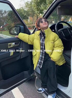 男童厚羽绒服衬衫拼接假两件立领夹克韩版白鸭绒面包服新中大童