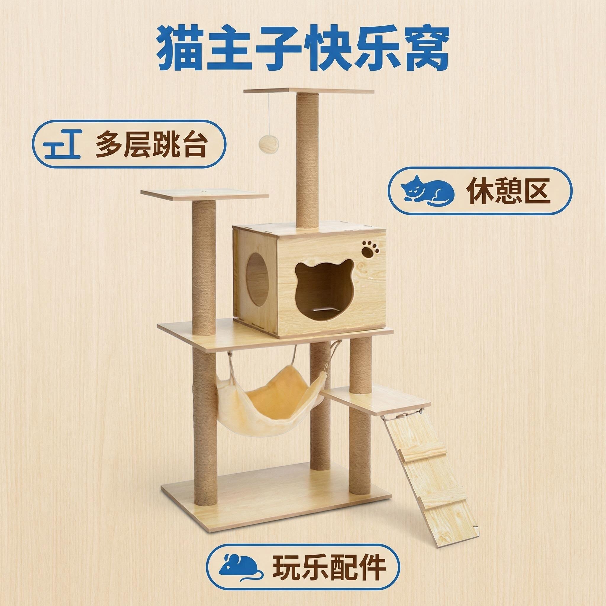 猫爬架家用正品原木多层实木框架跳台猫窝吊床满足猫咪攀爬休息