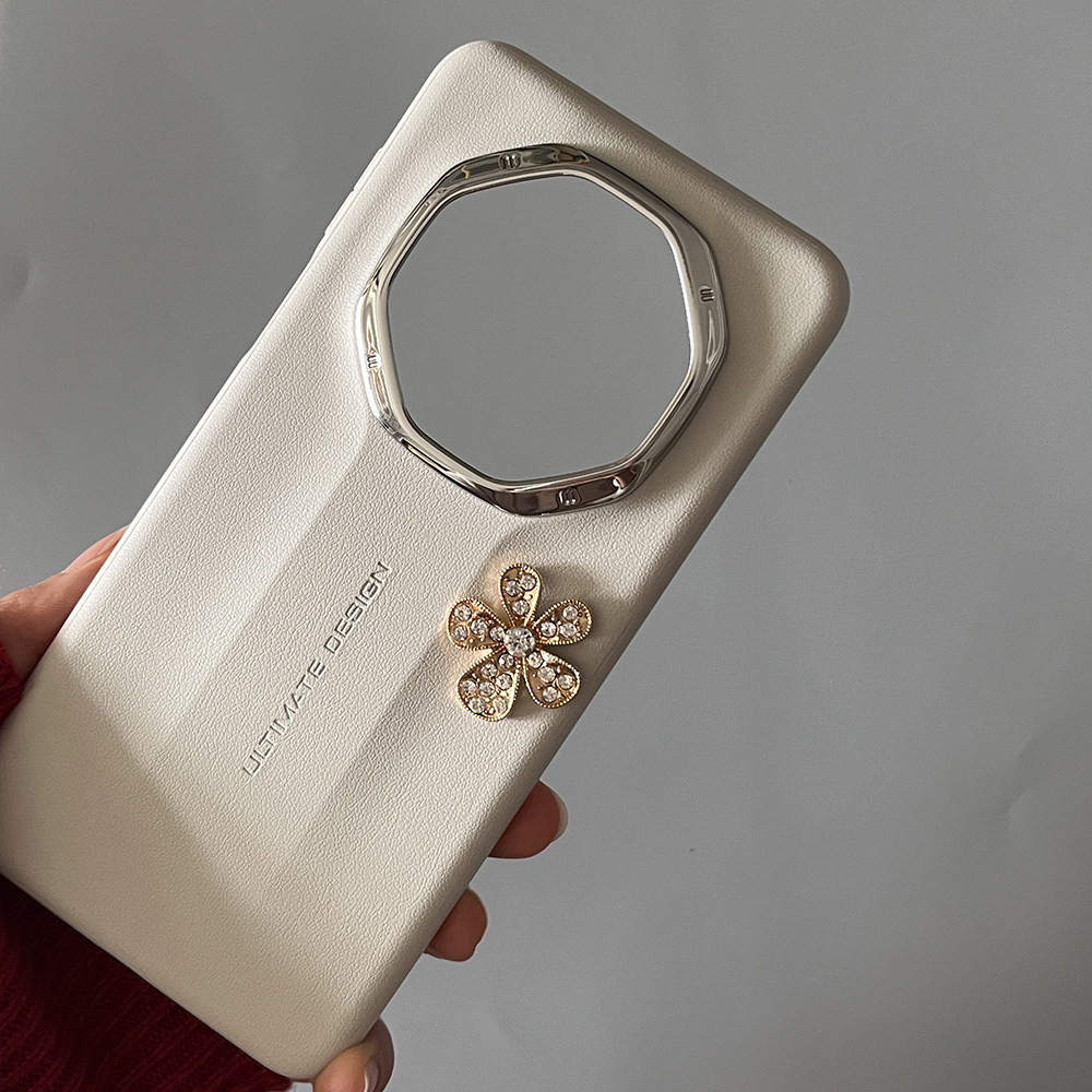 华为mate70rs非凡大师版素皮版水钻花朵时尚奢华手机壳mate60rs保时捷全包防摔保护套mate70pro+女款素皮皓白