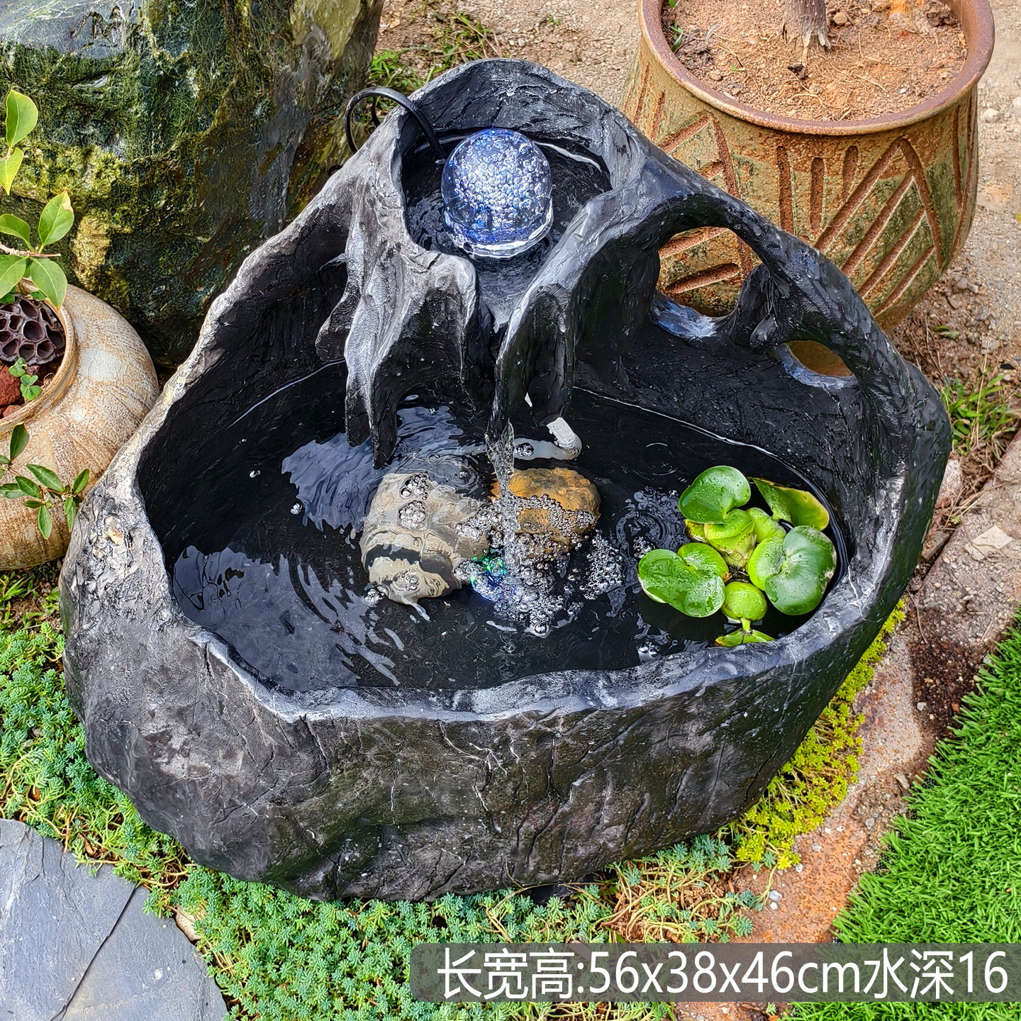 一体黑山石桌面流水摆件招财