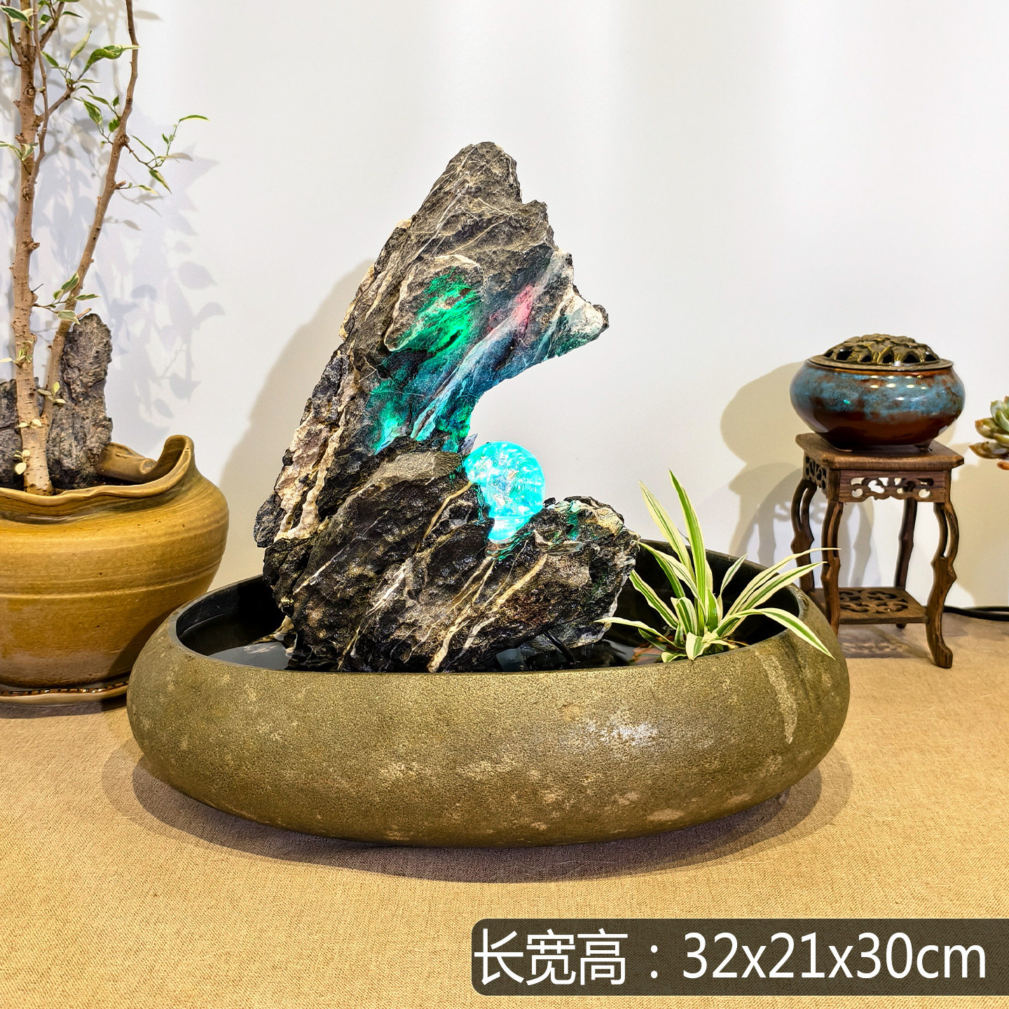 新中式桌面石头艺术水景摆件室内茶空间禅意石头流水转运球装饰品