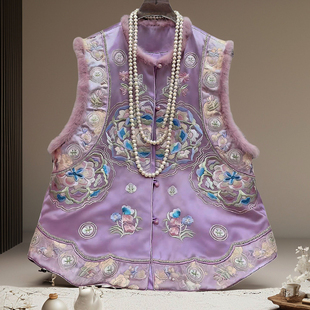 安娜滕新中式夹棉马甲女冬季醋酸缎宽松复古风重工刺绣拼接棉坎肩