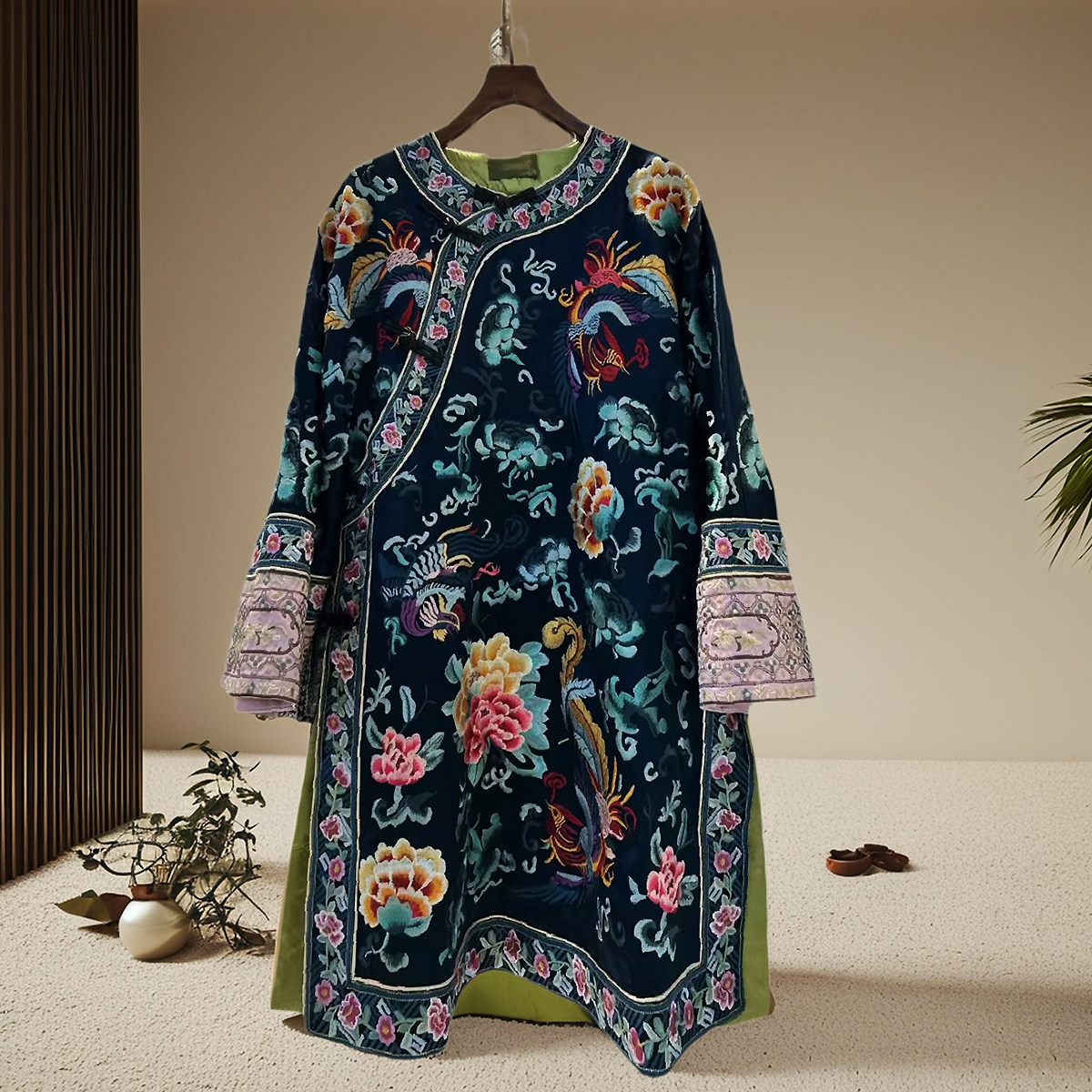 新中式上衣女春秋安娜滕国风醋酸缎刺绣花大码盘扣中长款旗袍外套