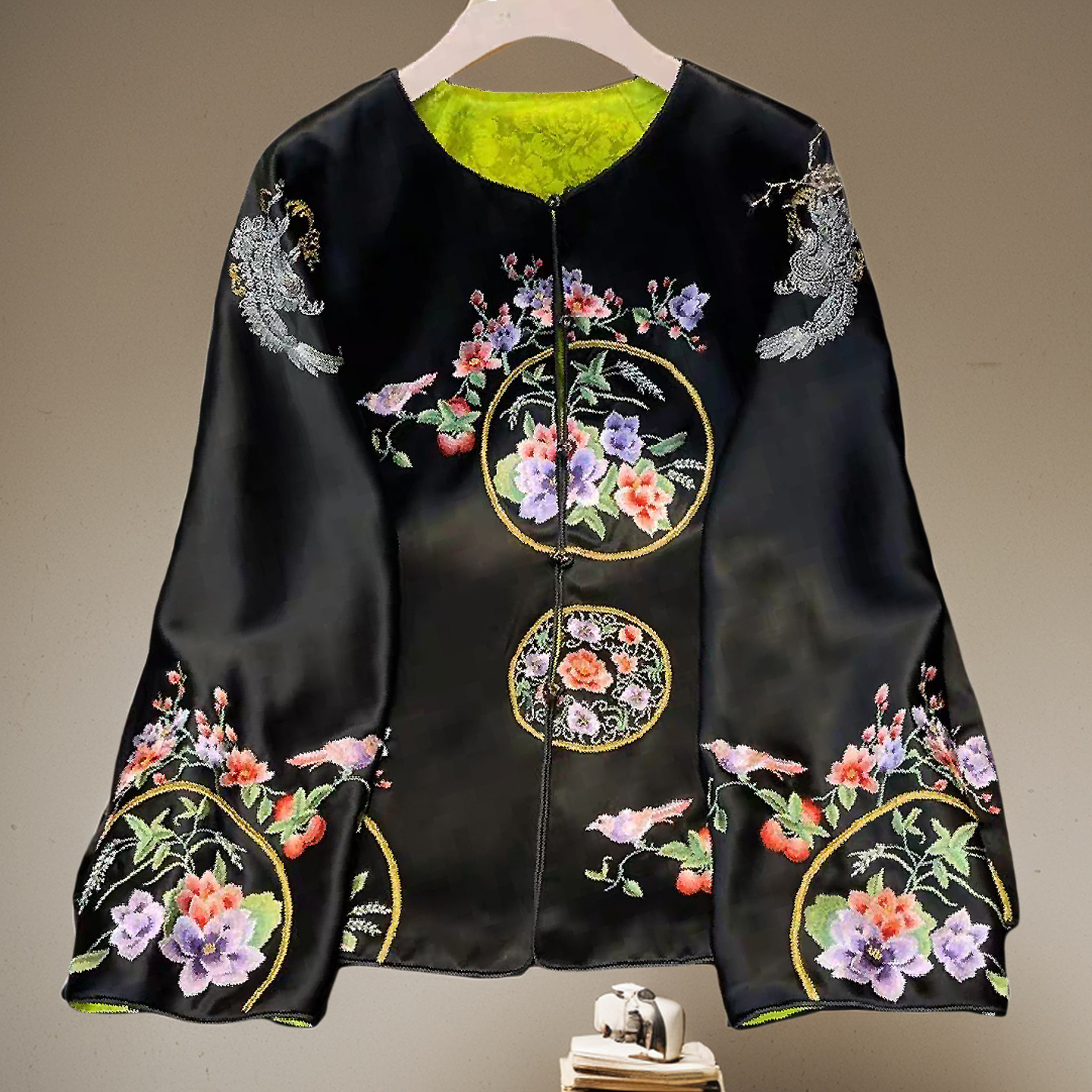 安娜滕新中式上衣女士春秋醋酸缎复古风重工圆盘刺绣宽松开衫外套