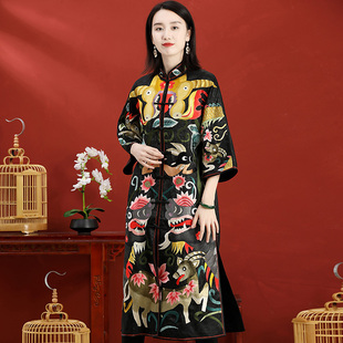 高端定制新中式上衣女中长款秋冬大码复古盘扣手工刺绣中国风外套