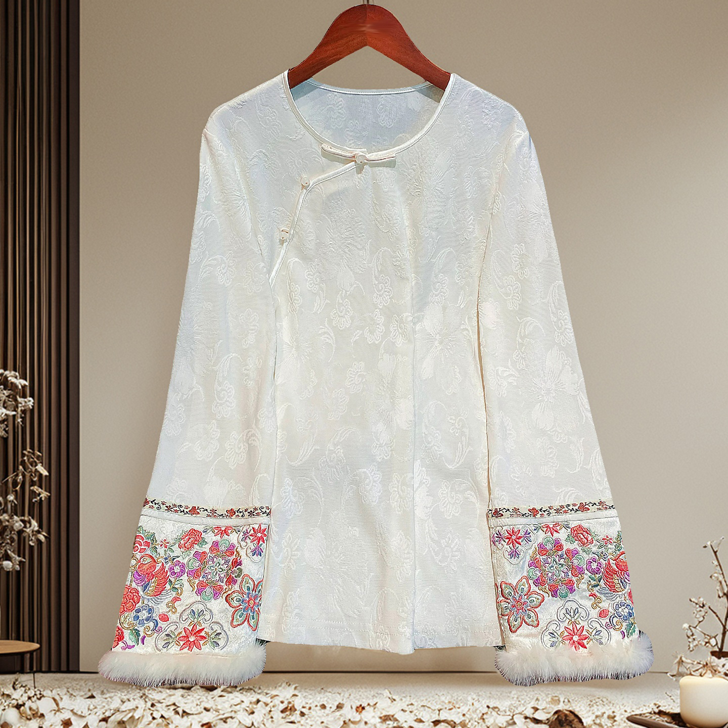 安娜滕新中式上衣女士春秋宽松复古风提花袖口刺绣百搭针织打底衫