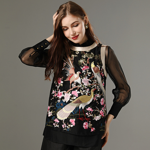 民族风背心女夏季大码显瘦复古中国风重工刺绣花圆领天丝中式上衣