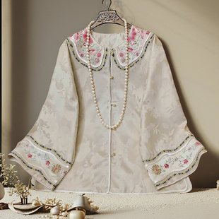 新中式上衣女春秋安娜滕国风提花刺绣大码宽松中长款高端开衫外套