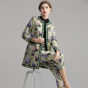 新中式套装女春秋安娜滕复古国风印花中长开衫上衣七分裤子两件套