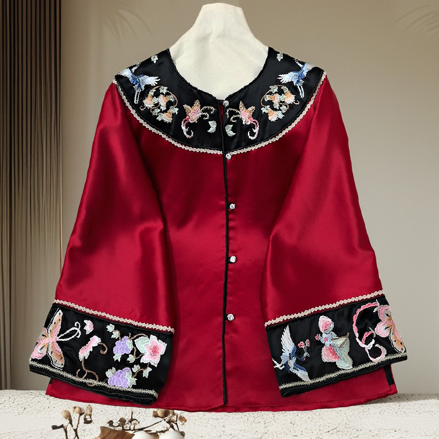 安娜滕新中式上衣女士醋酸缎春夏复古风刺绣手工钉珠宽松开衫外套