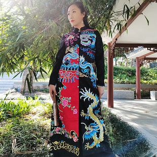 高端定制中国风刺绣龙袍外套女大码手绣春秋民族风长款中式上衣