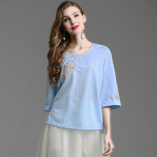 中国风上衣女春夏复古大码民族风刺绣花改良汉服中式女装宽松T恤