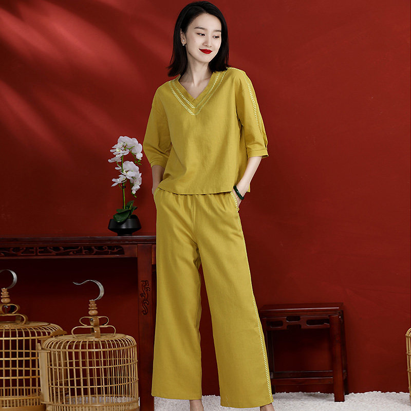 新中式国风套装女高级感轻奢复古国风刺绣亚麻上衣长阔腿裤两件套