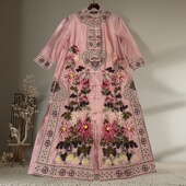 新中式 连衣裙春夏女复古国风天丝刺绣中长款 盘扣开叉改良旗袍裙