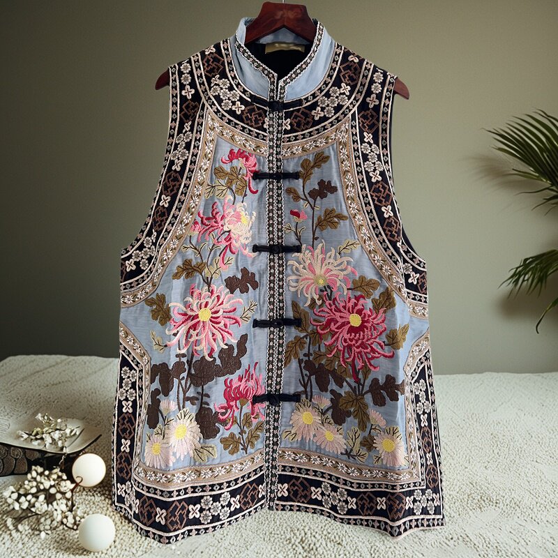 新中式上衣女安娜滕国风刺绣花天丝薄款大码宽松马甲坎肩盘扣背心