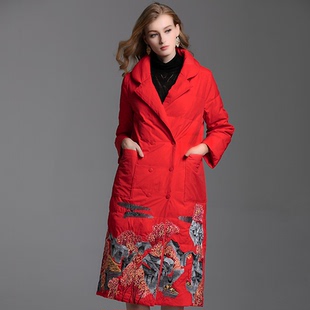 新中式羽绒服女款秋冬安娜滕复古国风刺绣中长款西装领白鸭绒外套